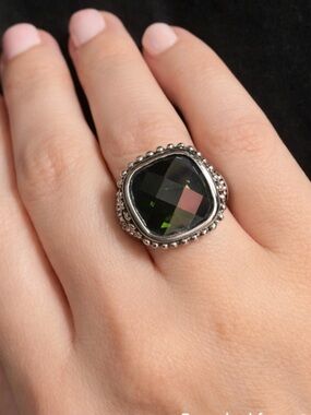 Silver-Tone Ring with Faceted Black-Green Stone